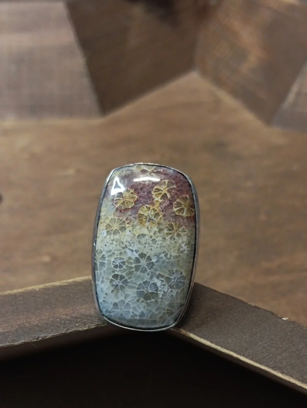 Handcrafted Floral Fossil Coral Stone Statement Ring in Cream and Brown